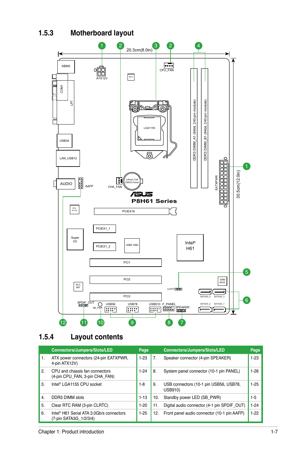 3 motherboard layout, 4 layout contents, Motherboard layout -7 | Layout contents -7, P8h61 series, 7 chapter 1: product introduction | Asus P8H61/USB3 R2.0 User Manual | Page 17 / 70