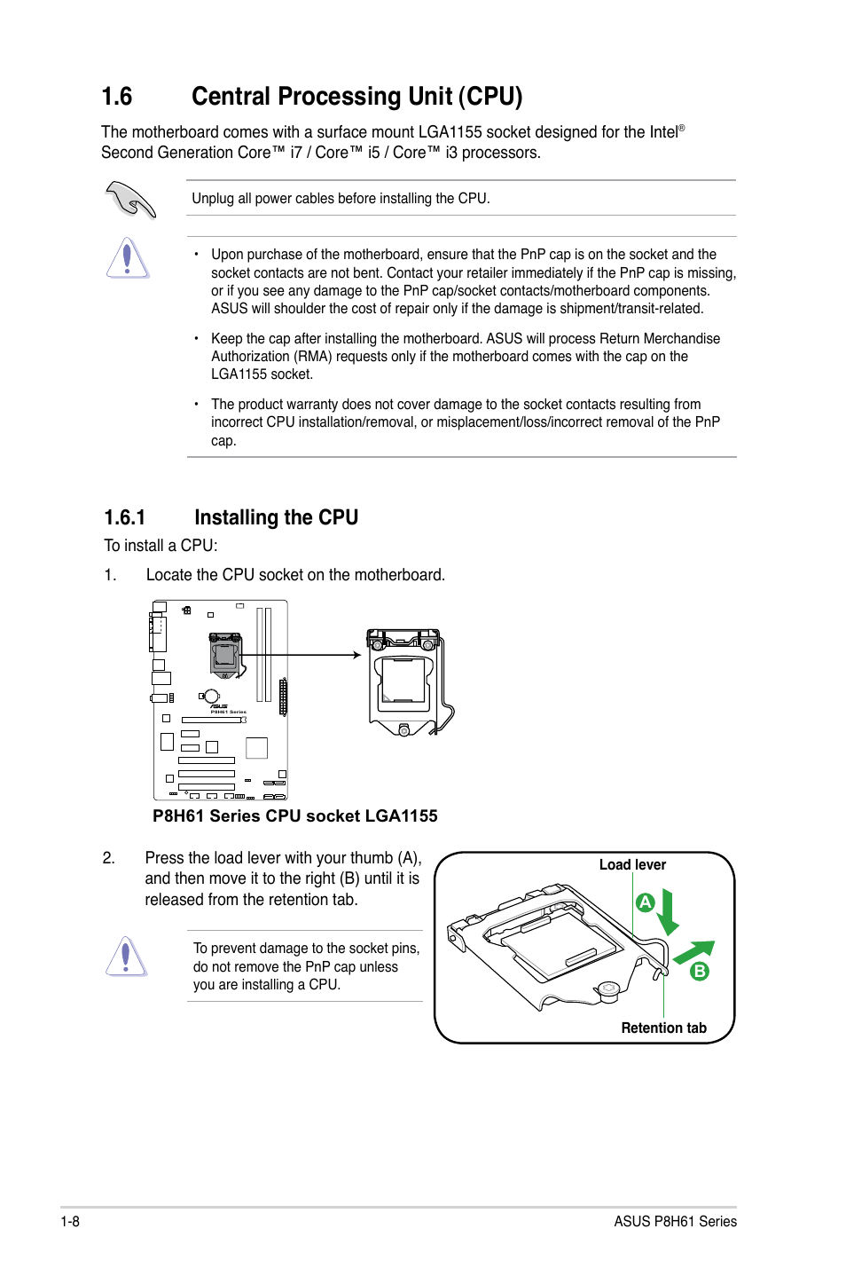 6 central processing unit (cpu), 1 installing the cpu, Central processing unit (cpu) -8 1.6.1 | Installing the cpu -8 | Asus P8H61/USB3 R2.0 User Manual | Page 18 / 70