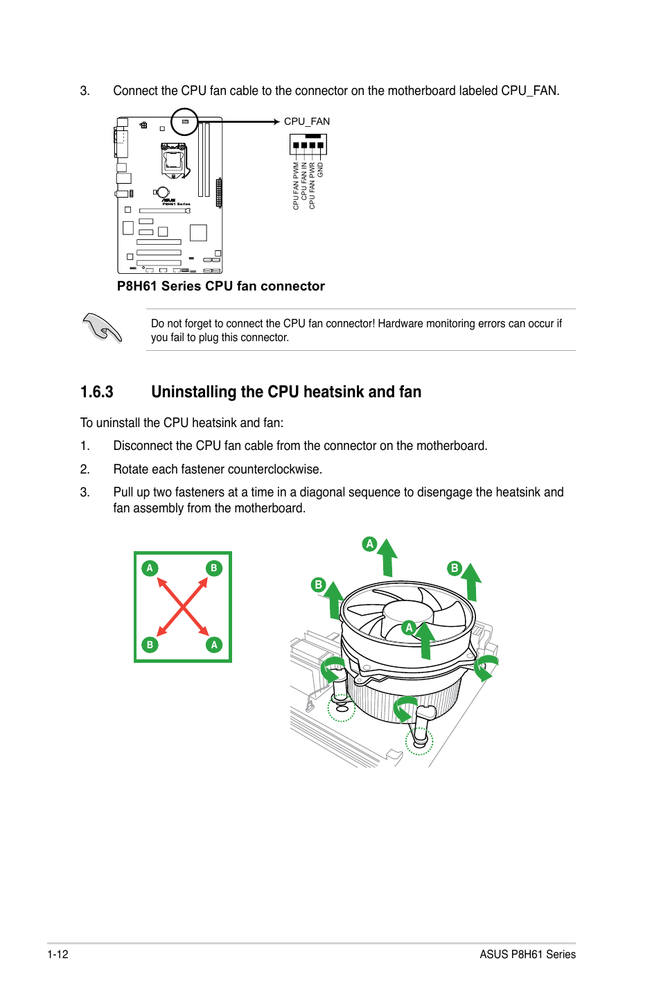 3 uninstalling the cpu heatsink and fan, Uninstalling the cpu heatsink and fan -12, P8h61 series cpu fan connector | Asus P8H61/USB3 R2.0 User Manual | Page 22 / 70