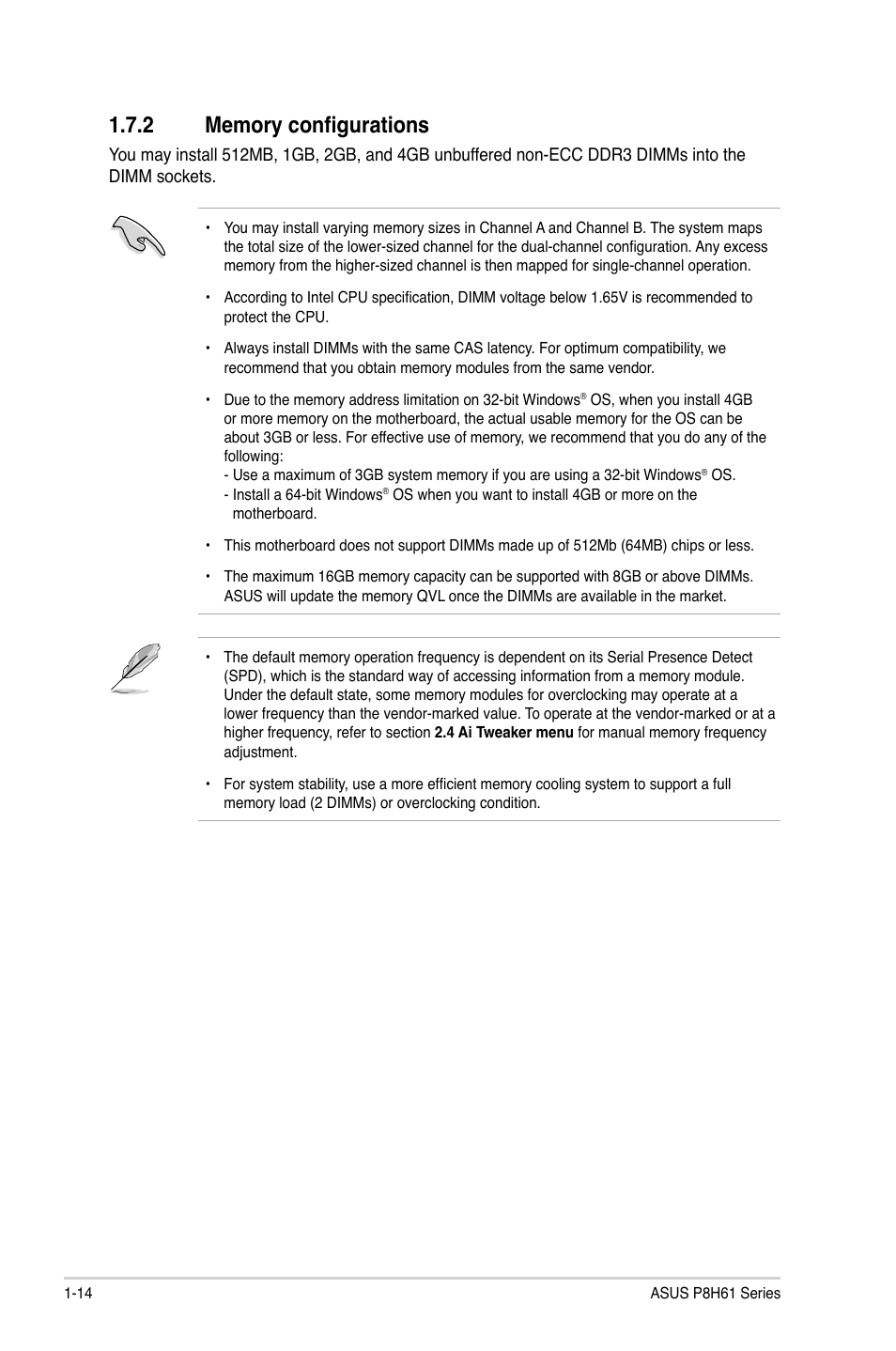 2 memory configurations, Memory configurations -14 | Asus P8H61/USB3 R2.0 User Manual | Page 24 / 70