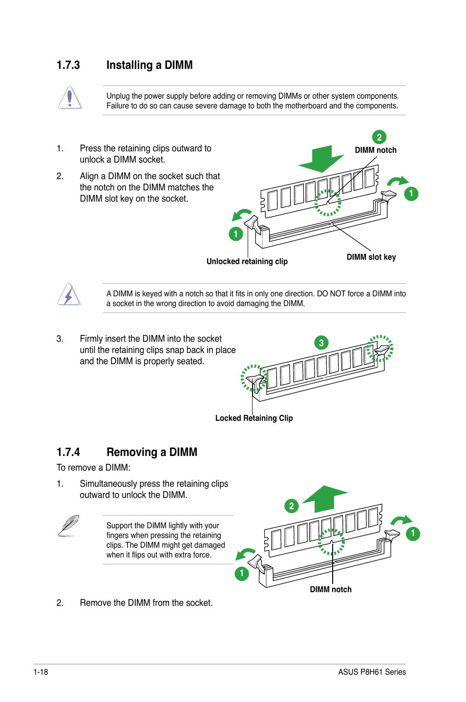 3 installing a dimm, 4 removing a dimm, Installing a dimm -18 | Removing a dimm -18 | Asus P8H61/USB3 R2.0 User Manual | Page 28 / 70