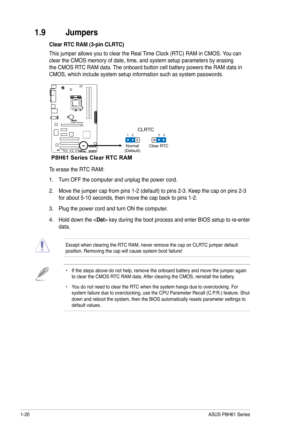 9 jumpers, Jumpers -20 | Asus P8H61/USB3 R2.0 User Manual | Page 30 / 70