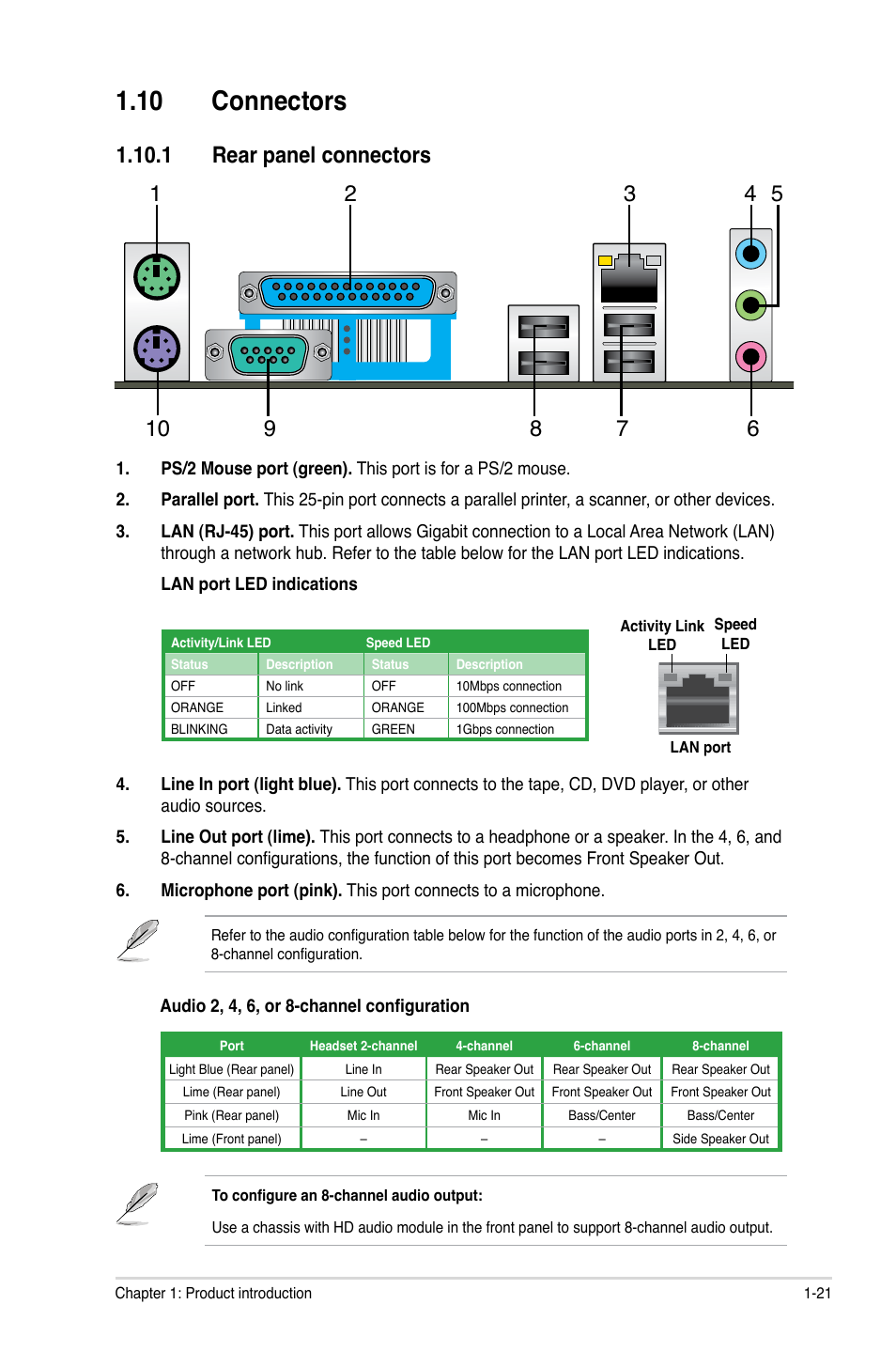 10 connectors, 1 rear panel connectors, 10 connectors -21 | 1 rear panel connectors -21 | Asus P8H61/USB3 R2.0 User Manual | Page 31 / 70