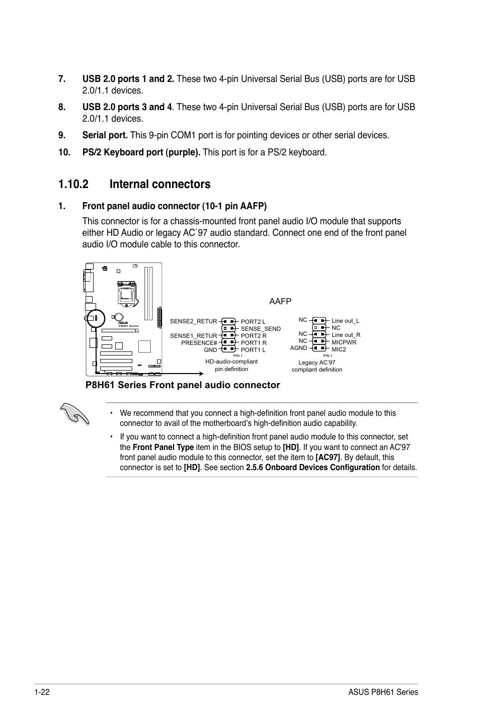 2 internal connectors, 2 internal connectors -22, P8h61 series front panel audio connector | Asus P8H61/USB3 R2.0 User Manual | Page 32 / 70