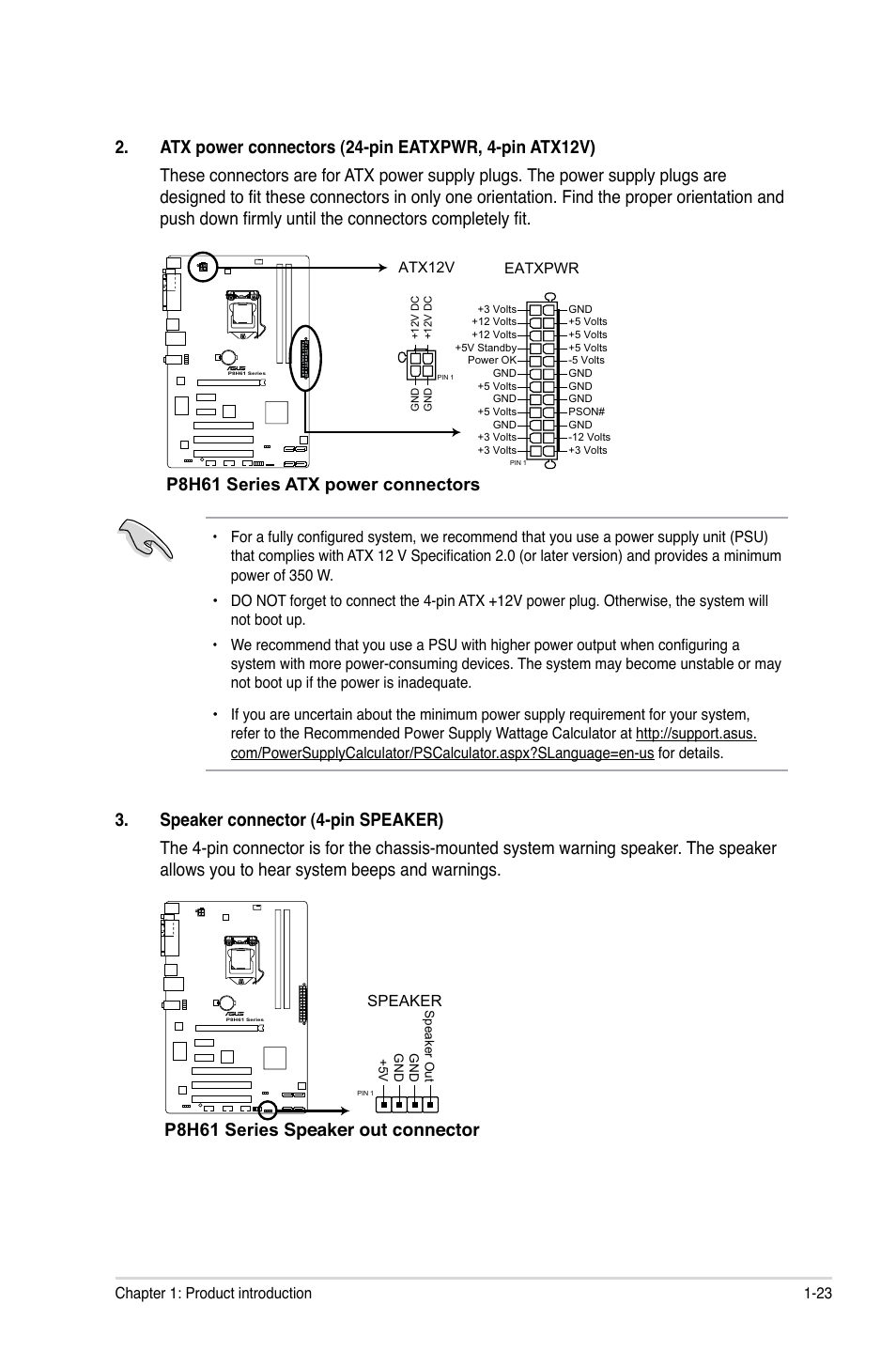 P8h61 series atx power connectors, P8h61 series speaker out connector | Asus P8H61/USB3 R2.0 User Manual | Page 33 / 70