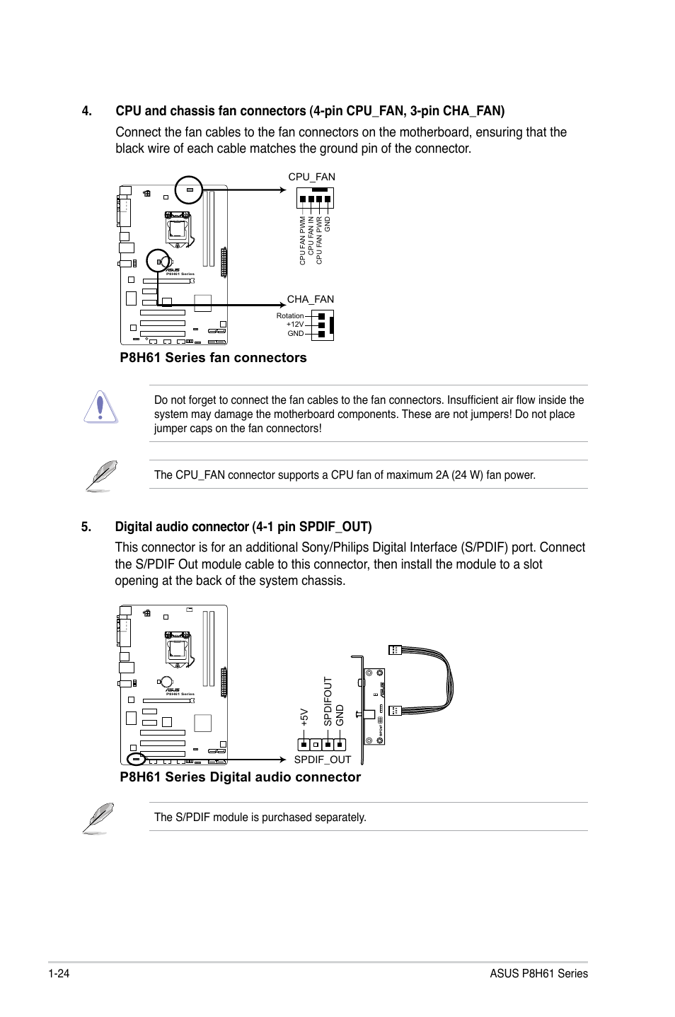 P8h61 series fan connectors, P8h61 series digital audio connector | Asus P8H61/USB3 R2.0 User Manual | Page 34 / 70