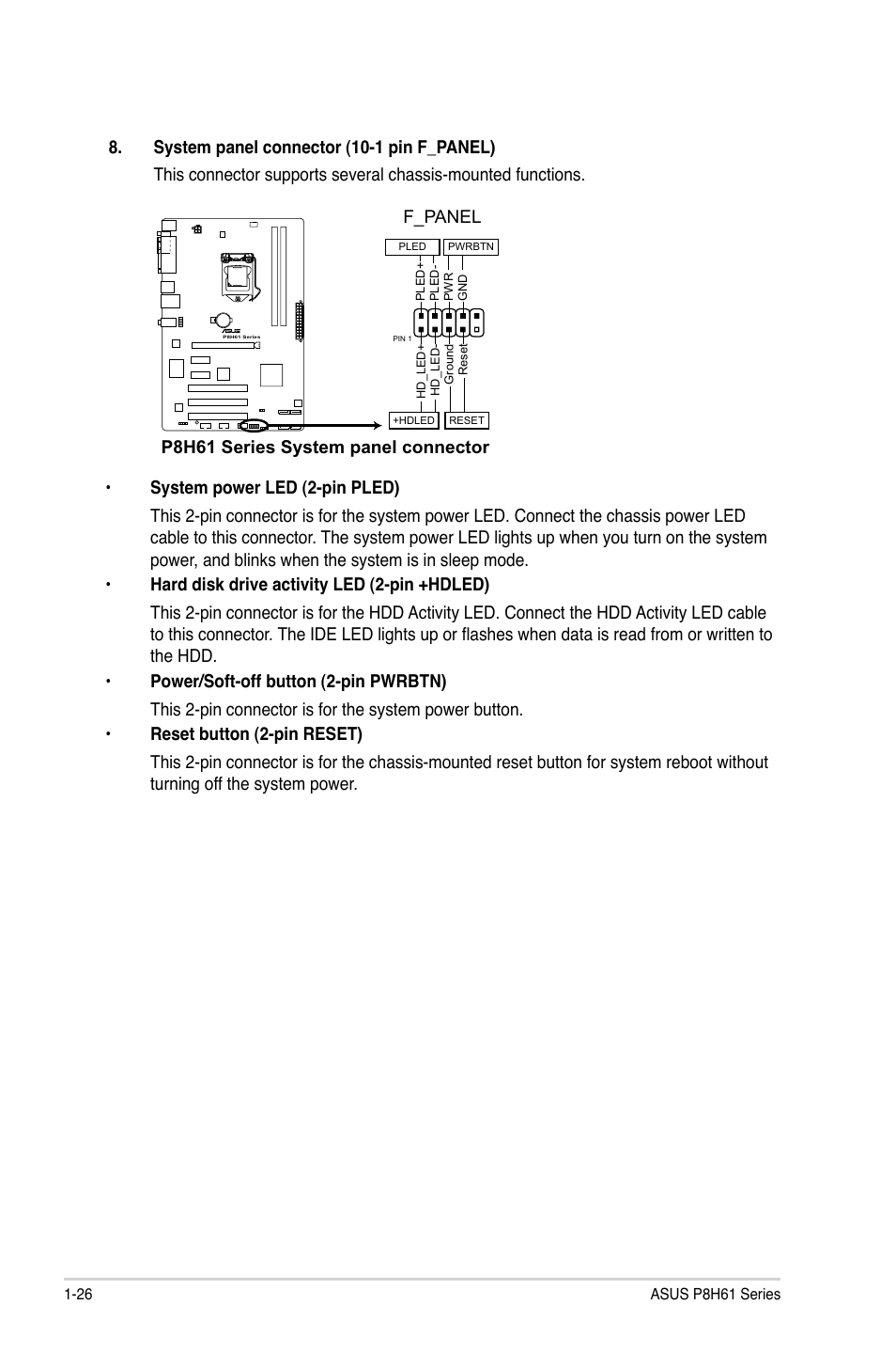 P8h61 series system panel connector, F_panel | Asus P8H61/USB3 R2.0 User Manual | Page 36 / 70