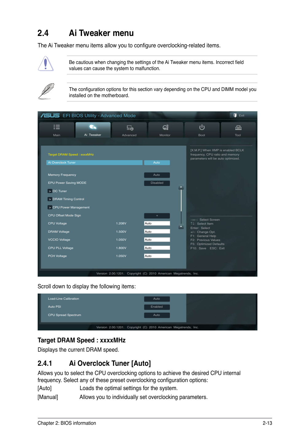 4 ai tweaker menu, 1 ai overclock tuner, Ai tweaker menu -13 2.4.1 | Ai overclock tuner -13, 1 ai overclock tuner [auto, Scroll down to display the following items, Displays the current dram speed, Chapter 2: bios information 2-13 | Asus P8H61/USB3 R2.0 User Manual | Page 51 / 70