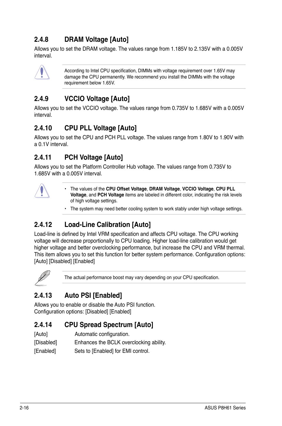 8 dram voltage, 9 vccio voltage, 10 cpu pll voltage | 11 pch voltage, 12 load-line calibration, 13 auto psi, 14 cpu spread spectrum, Dram voltage -16, Vccio voltage -16, 8 dram voltage [auto | Asus P8H61/USB3 R2.0 User Manual | Page 54 / 70