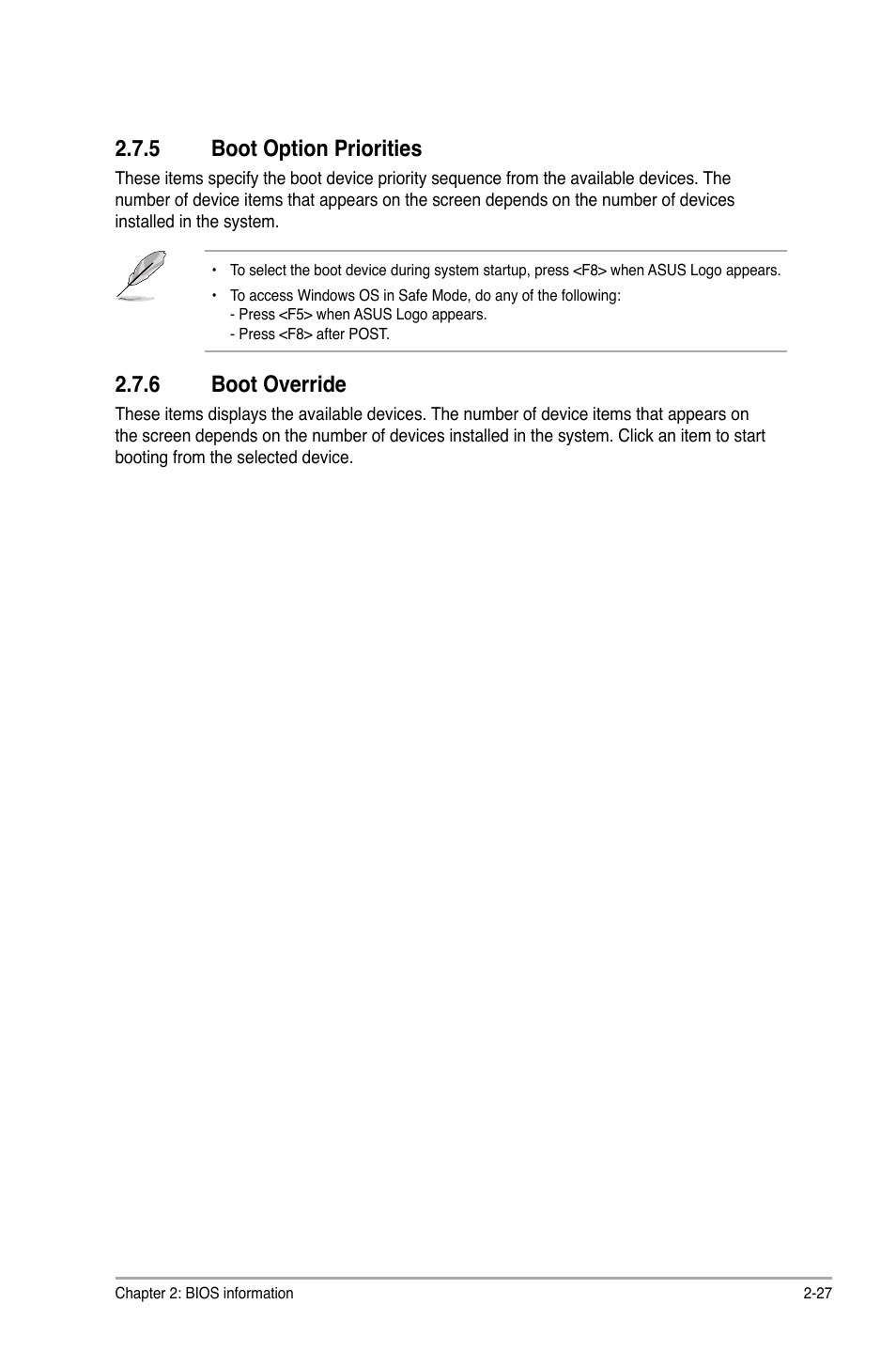 5 boot option priorities, 6 boot override, Boot option priorities -27 | Boot override -27 | Asus P8H61/USB3 R2.0 User Manual | Page 65 / 70