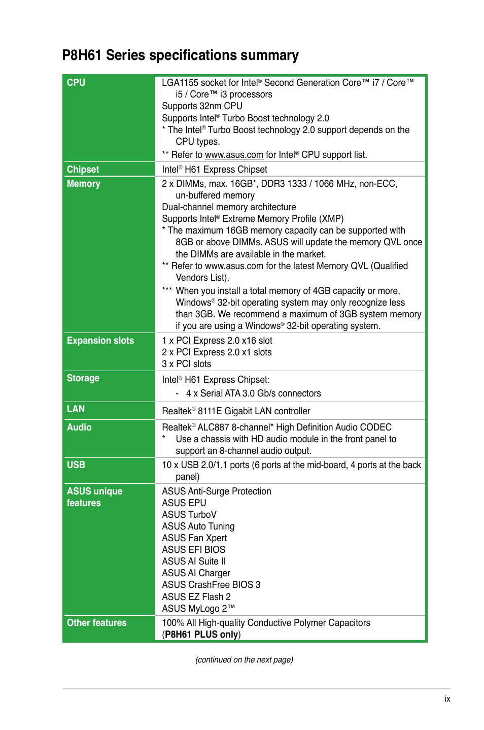 P8h61 series specifications summary | Asus P8H61/USB3 R2.0 User Manual | Page 9 / 70