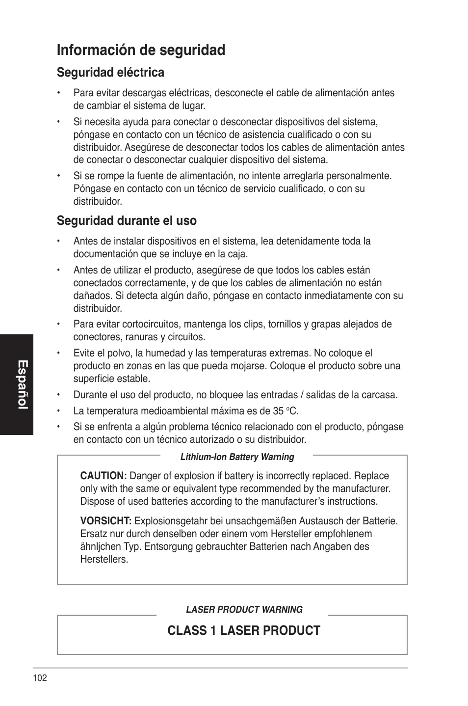 Información de seguridad, Español, Class 1 laser product | Seguridad eléctrica, Seguridad durante el uso | Asus BS5000 User Manual | Page 103 / 162