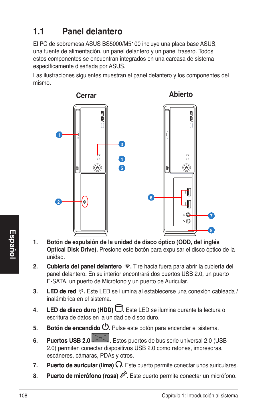 1 panel delantero, Español, Cerrar abierto | Asus BS5000 User Manual | Page 109 / 162