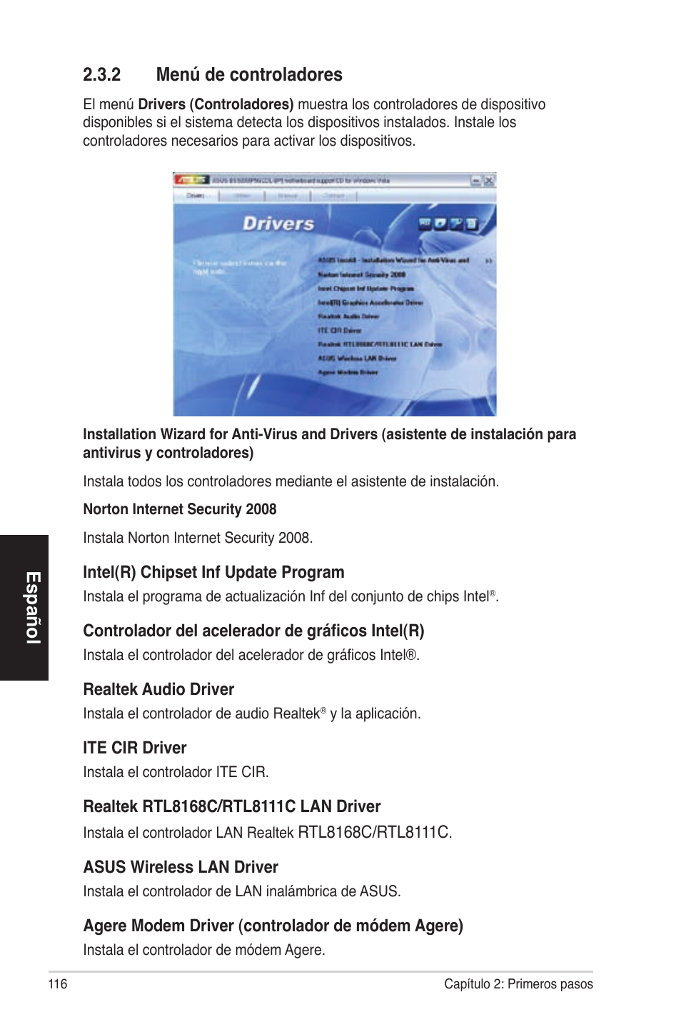 Español 2.3.2 menú de controladores | Asus BS5000 User Manual | Page 117 / 162