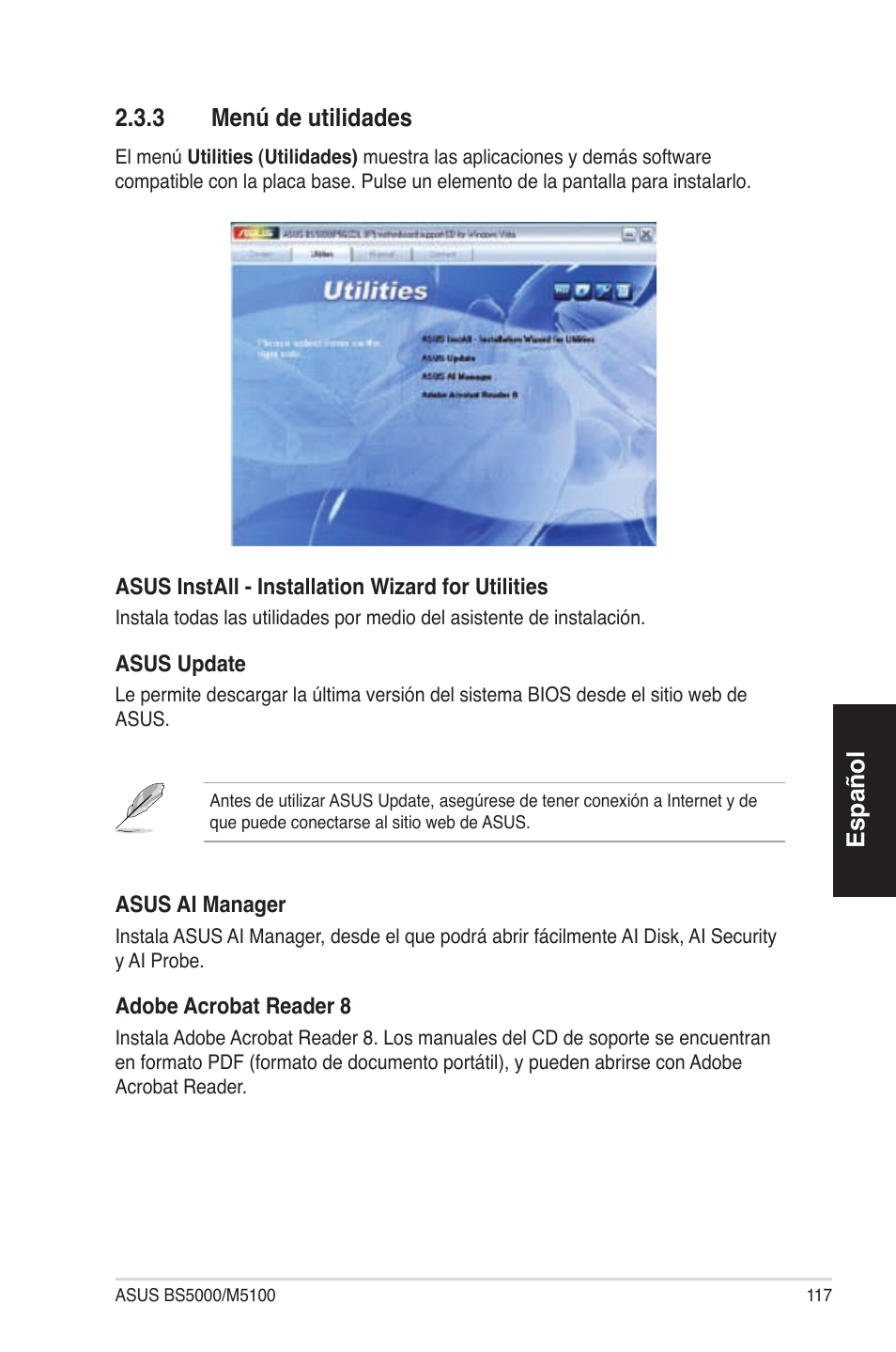 Español 2.3.3 menú de utilidades | Asus BS5000 User Manual | Page 118 / 162