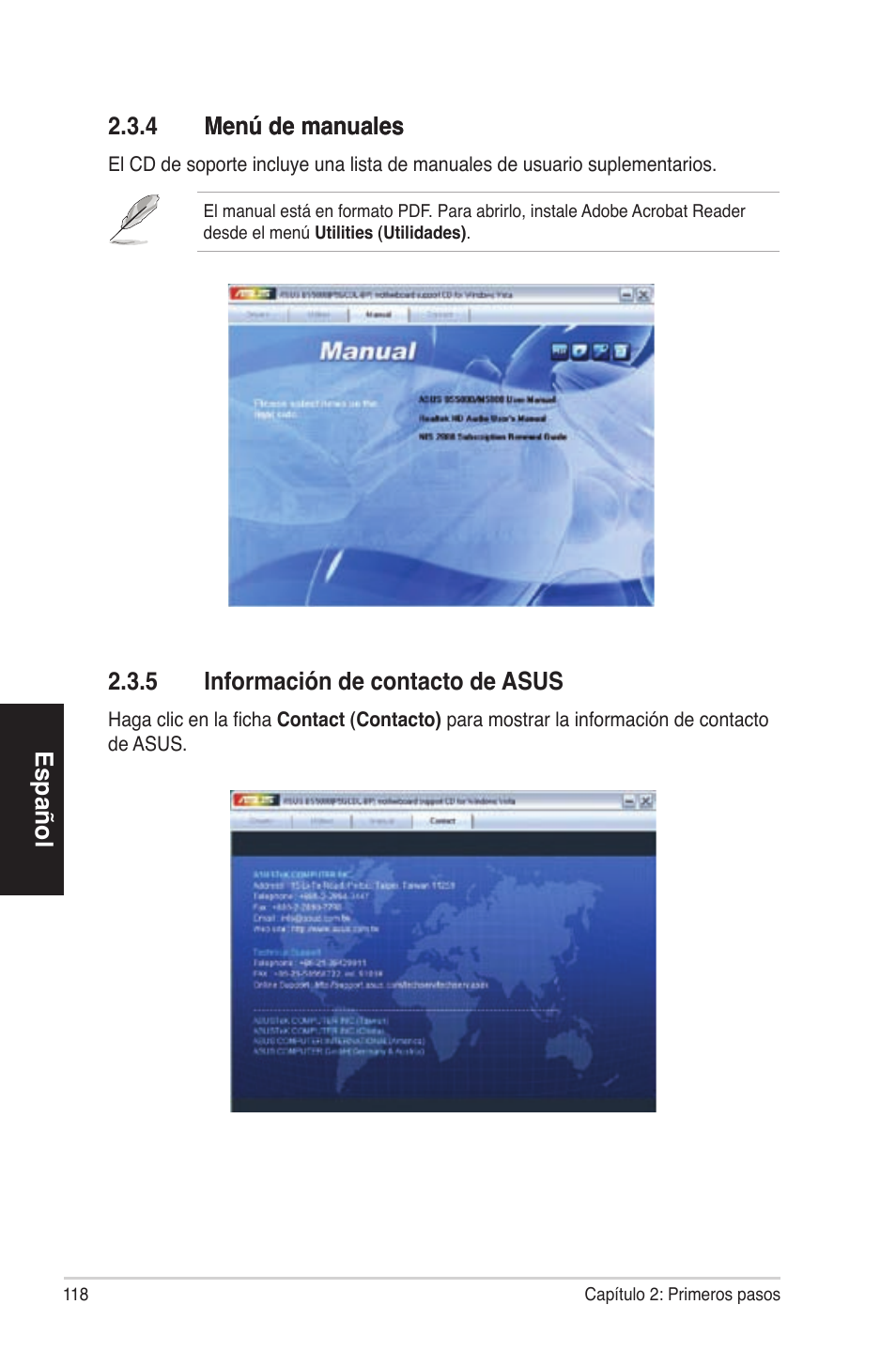 Español 2.3.4 menú de manuales menú de manuales, 5 información de contacto de asus | Asus BS5000 User Manual | Page 119 / 162