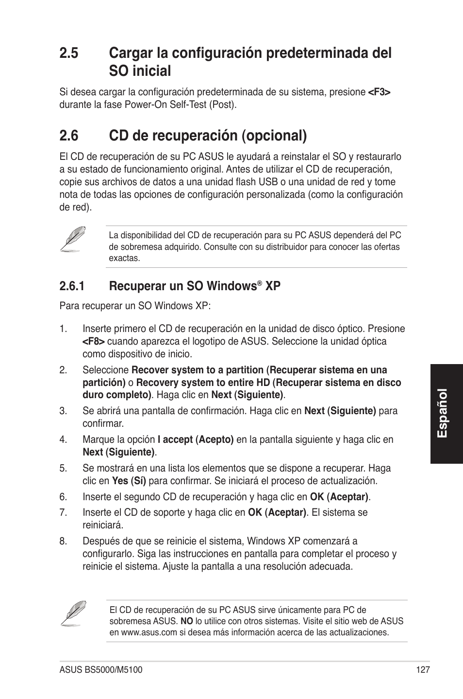 6 cd de recuperación (opcional), Español, 1 recuperar un so windows | Asus BS5000 User Manual | Page 128 / 162