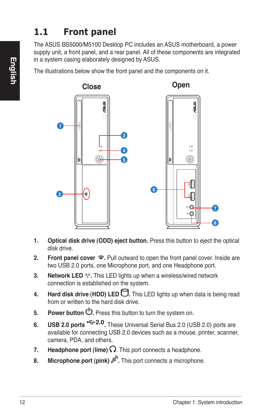 1 front panel, English, Close open | Asus BS5000 User Manual | Page 13 / 162