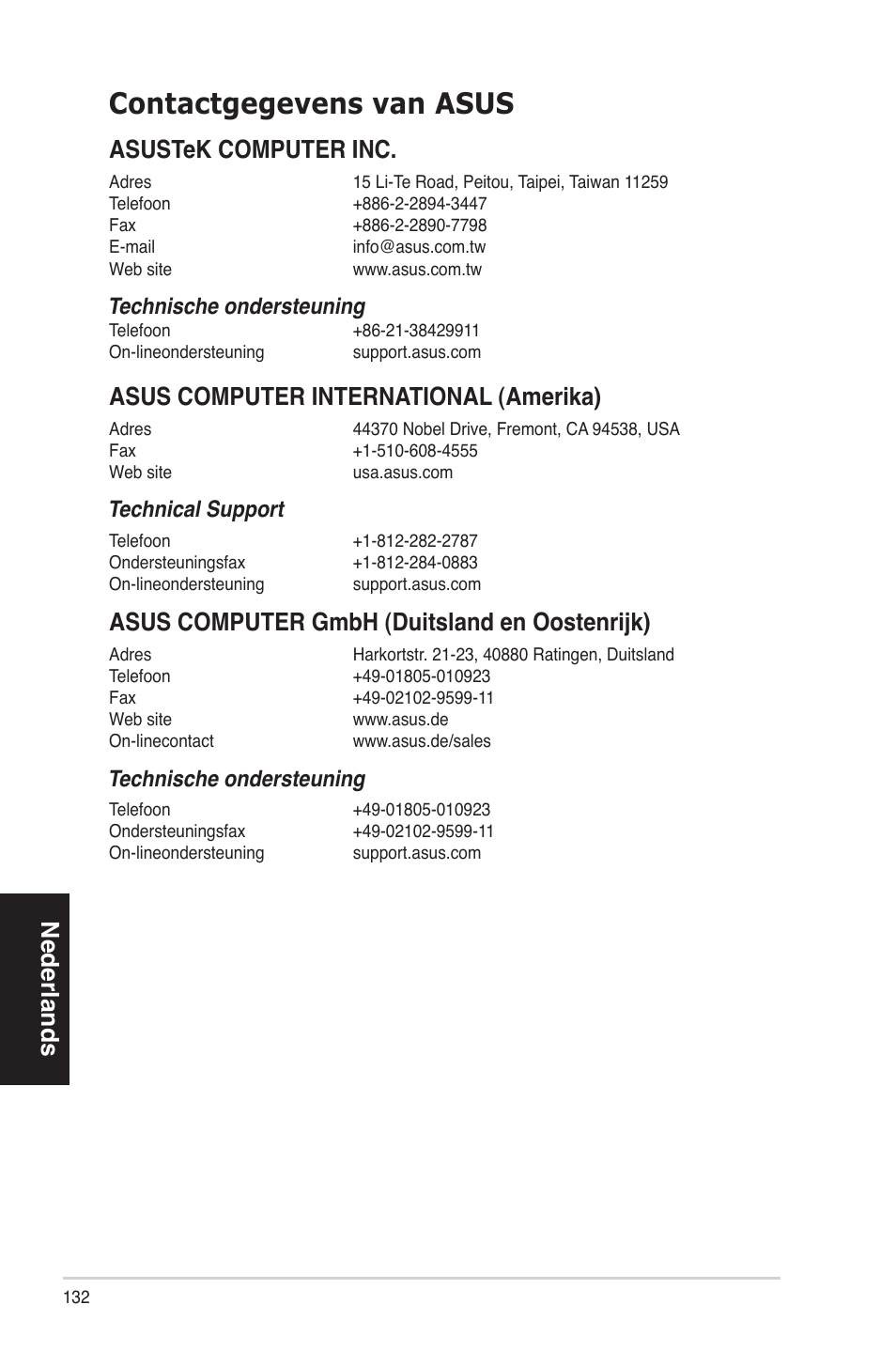 Contactgegevens van asus, Nederlands, Asustek computer inc | Asus computer international (amerika), Asus computer gmbh (duitsland en oostenrijk), Technische ondersteuning, Technical support | Asus BS5000 User Manual | Page 133 / 162