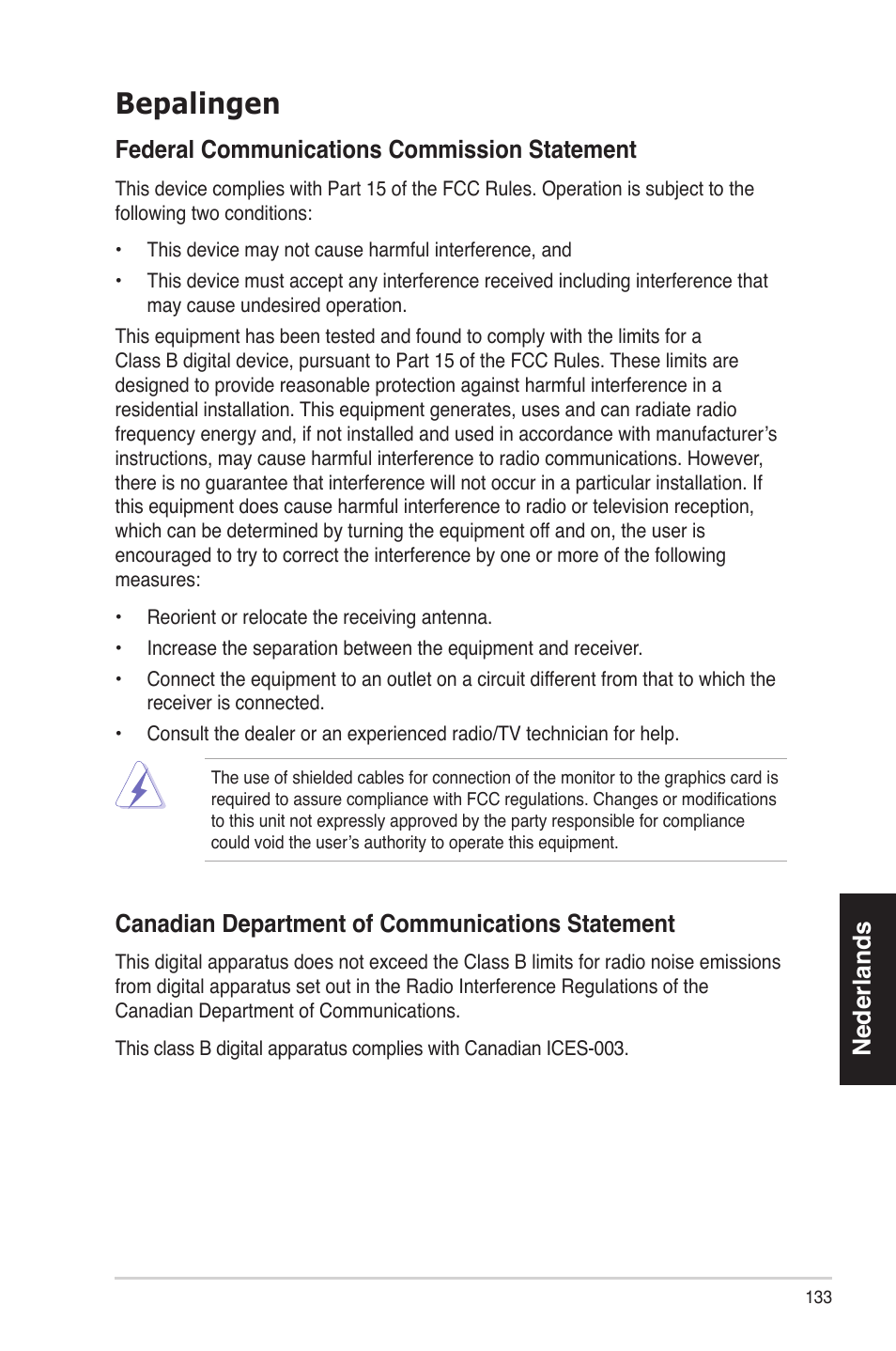 Bepalingen, Nederlands, Federal communications commission statement | Canadian department of communications statement | Asus BS5000 User Manual | Page 134 / 162