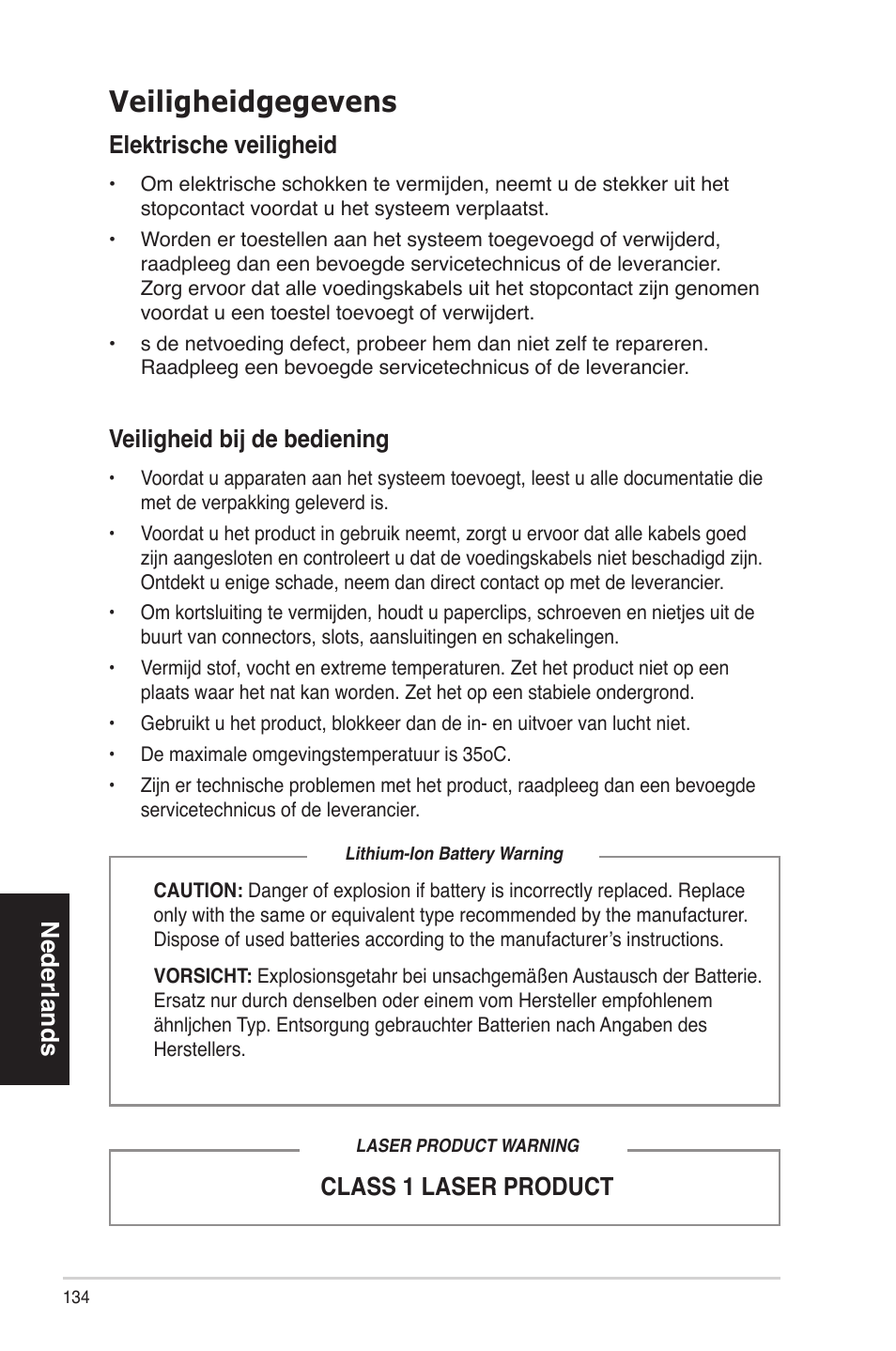 Veiligheidgegevens, Nederlands, Elektrische veiligheid | Class 1 laser product veiligheid bij de bediening | Asus BS5000 User Manual | Page 135 / 162