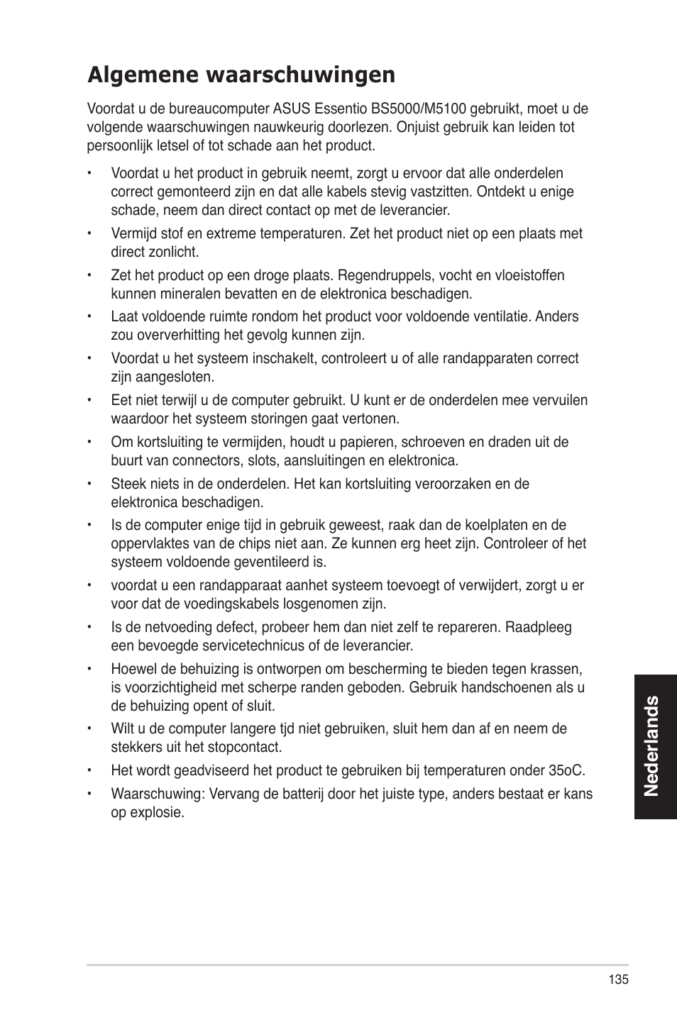 Algemene waarschuwingen, Nederlands | Asus BS5000 User Manual | Page 136 / 162