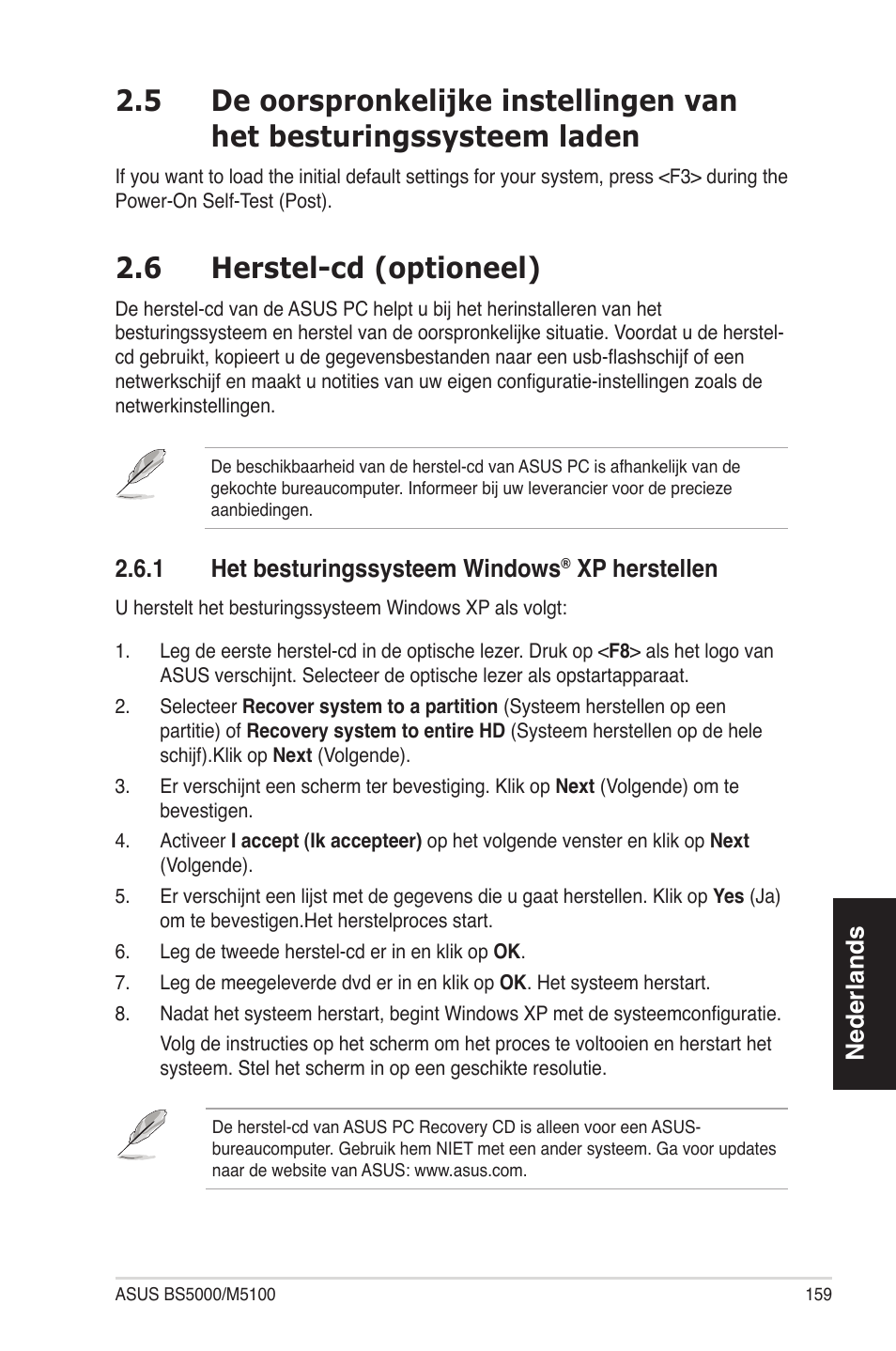 6 herstel-cd (optioneel), Nederlands, 1 het besturingssysteem windows | Xp herstellen | Asus BS5000 User Manual | Page 160 / 162