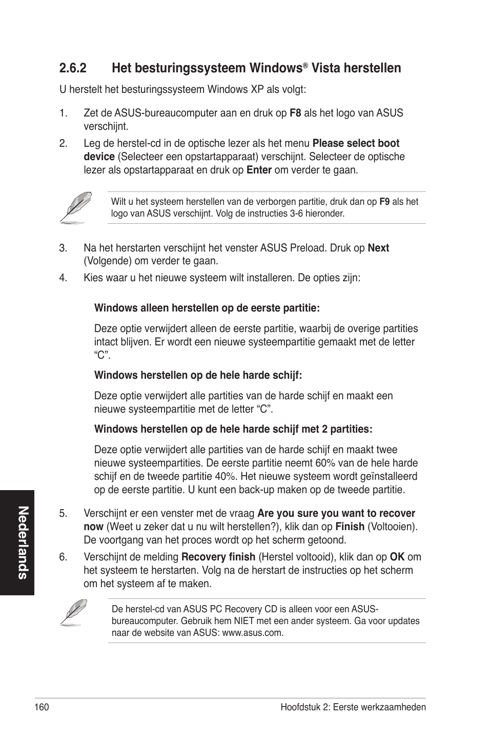 Nederlands, 2 het besturingssysteem windows, Vista herstellen | Asus BS5000 User Manual | Page 161 / 162