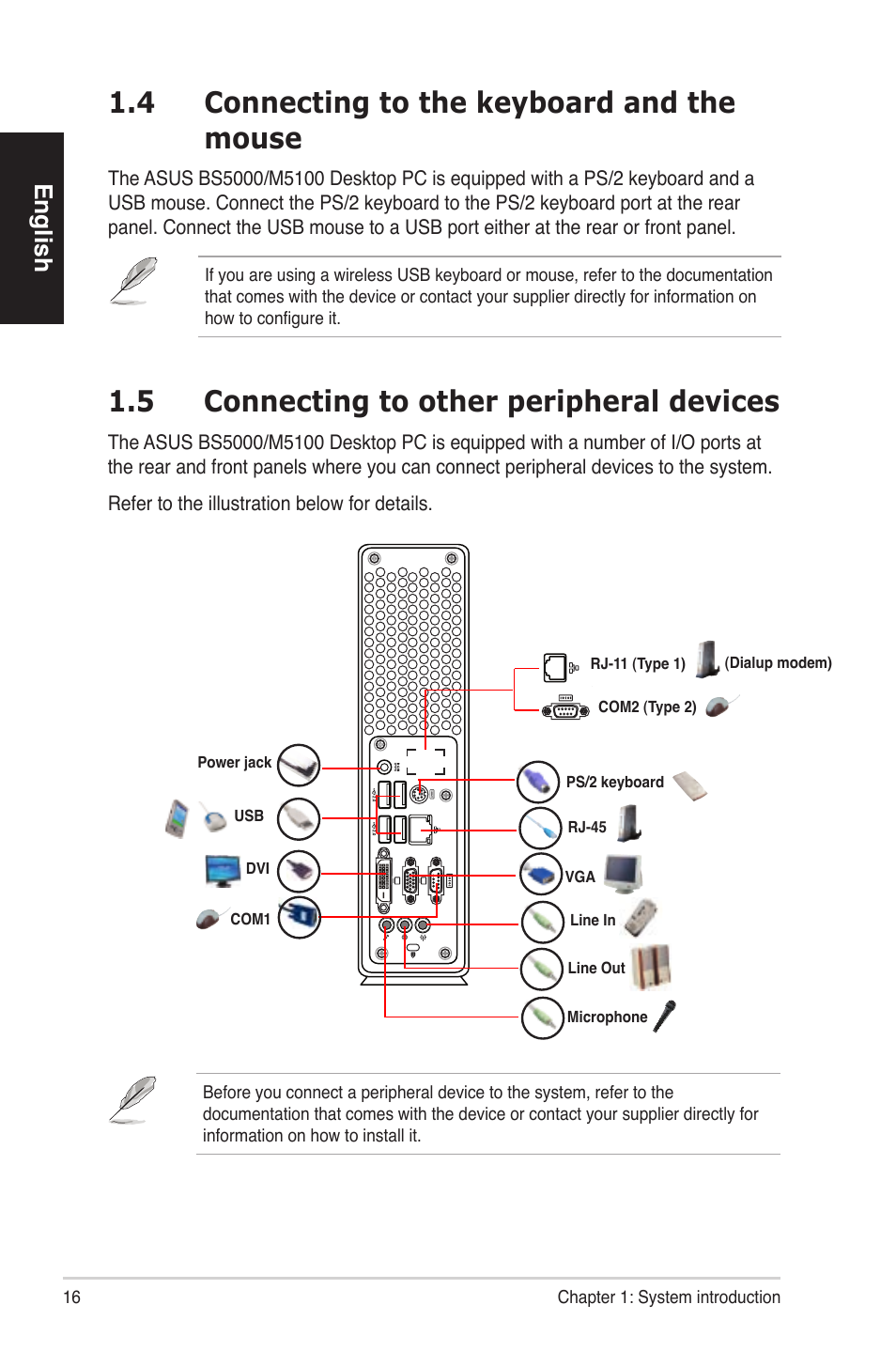 4 connecting to the keyboard and the mouse, 5 connecting to other peripheral devices, English | Asus BS5000 User Manual | Page 17 / 162