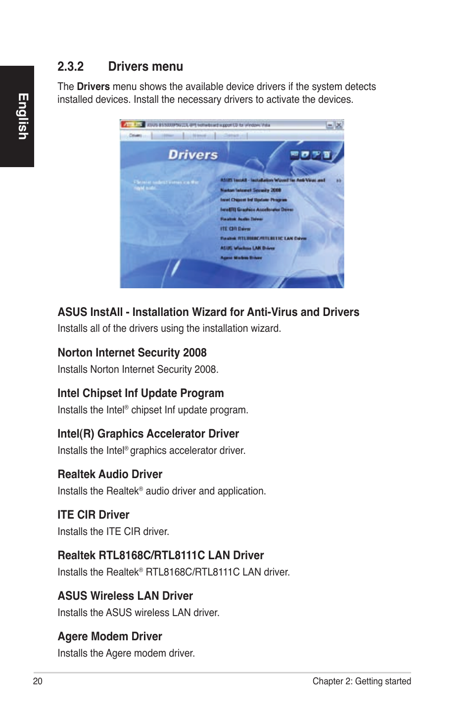 English 2.3.2 drivers menu | Asus BS5000 User Manual | Page 21 / 162