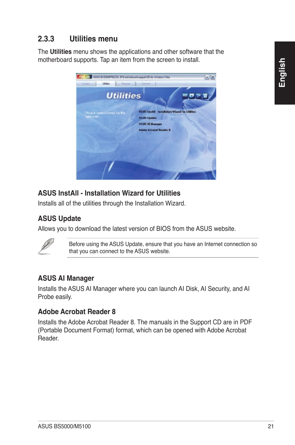 English 2.3.3 utilities menu | Asus BS5000 User Manual | Page 22 / 162