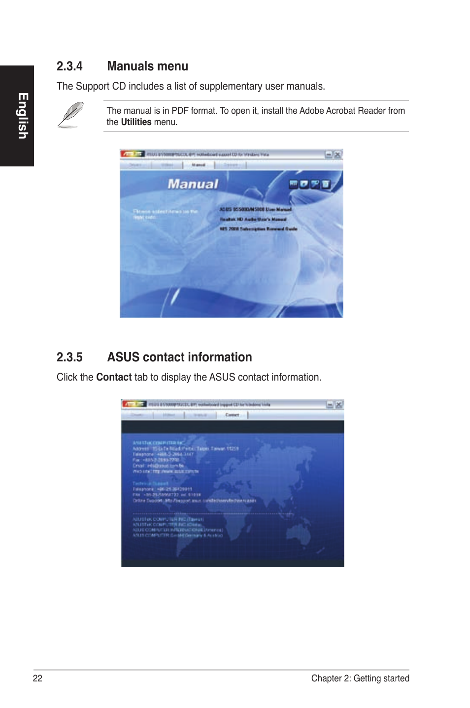 English 2.3.4 manuals menu, 5 asus contact information | Asus BS5000 User Manual | Page 23 / 162