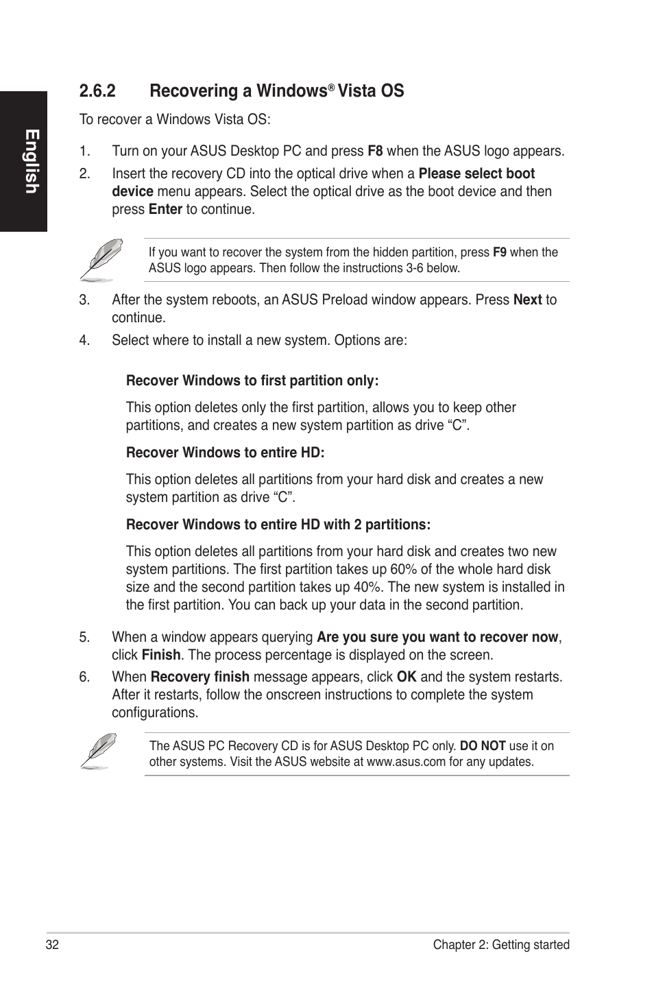 English, 2 recovering a windows, Vista os | Asus BS5000 User Manual | Page 33 / 162