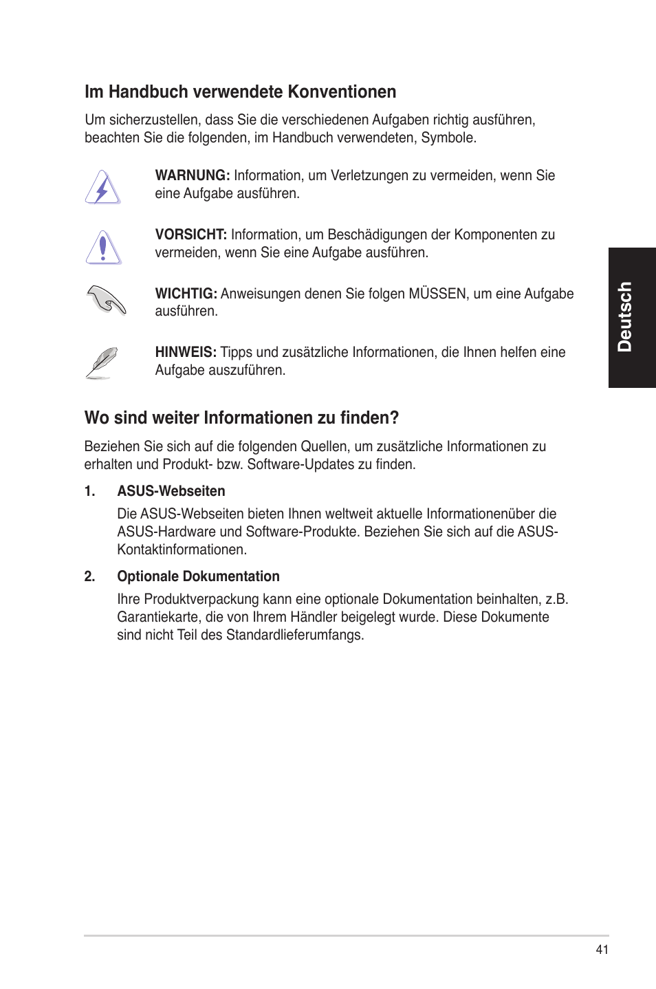 Deutsch, Im handbuch verwendete konventionen, Wo sind weiter informationen zu finden | Asus BS5000 User Manual | Page 42 / 162