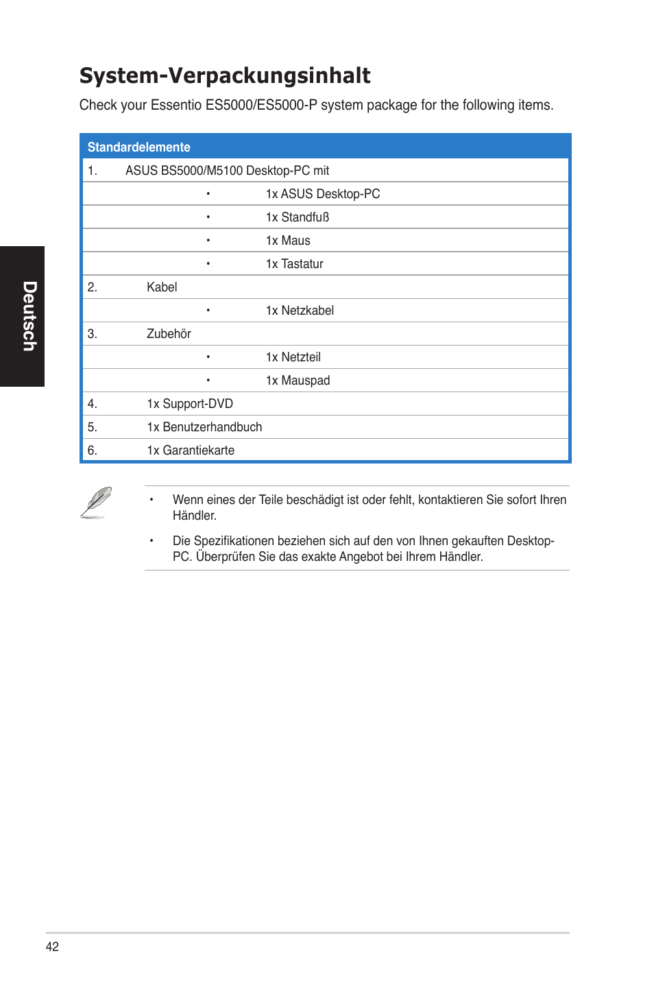 System-verpackungsinhalt, Deutsch | Asus BS5000 User Manual | Page 43 / 162