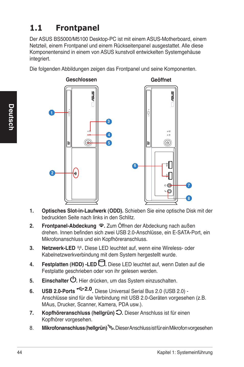 1 frontpanel, Deutsch | Asus BS5000 User Manual | Page 45 / 162