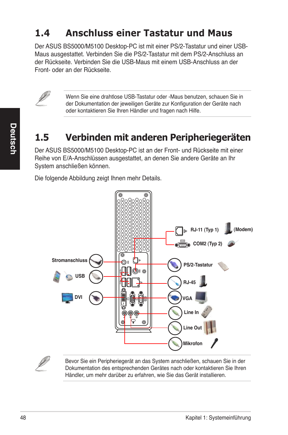 4 anschluss einer tastatur und maus, 5 verbinden mit anderen peripheriegeräten, Deutsch | Asus BS5000 User Manual | Page 49 / 162