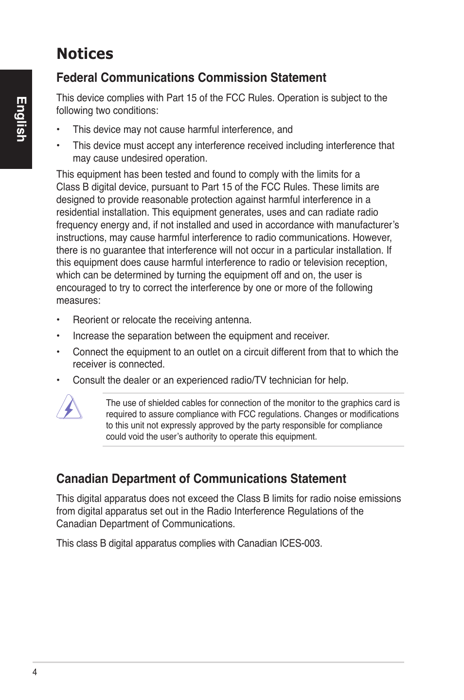 Notices, English, Federal communications commission statement | Canadian department of communications statement | Asus BS5000 User Manual | Page 5 / 162