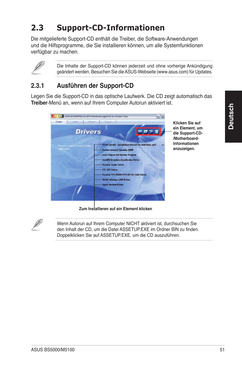 3 support-cd-informationen, Deutsch, 1 ausführen der support-cd | Asus BS5000 User Manual | Page 52 / 162