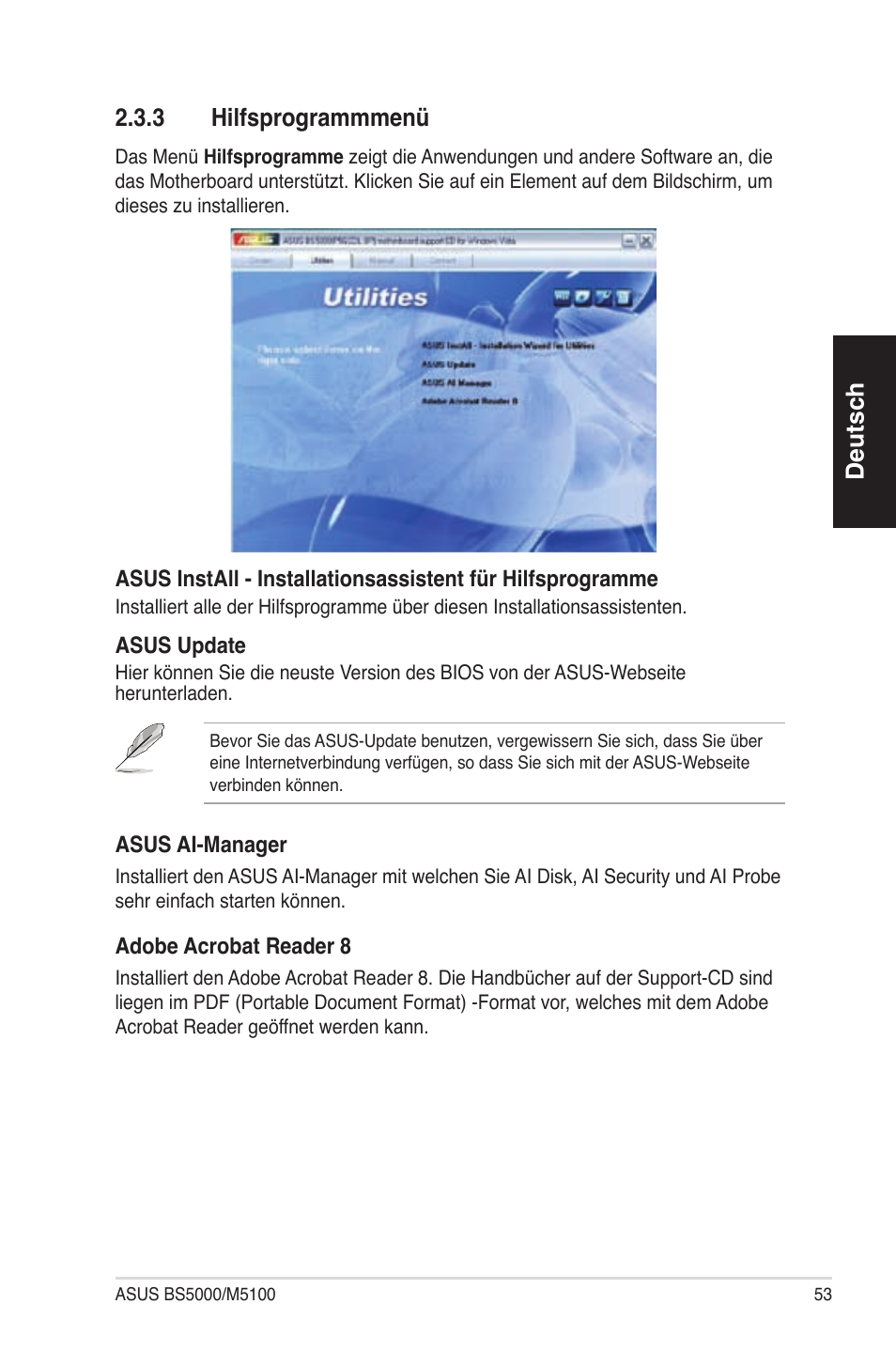 Deutsch 2.3.3 hilfsprogrammmenü | Asus BS5000 User Manual | Page 54 / 162