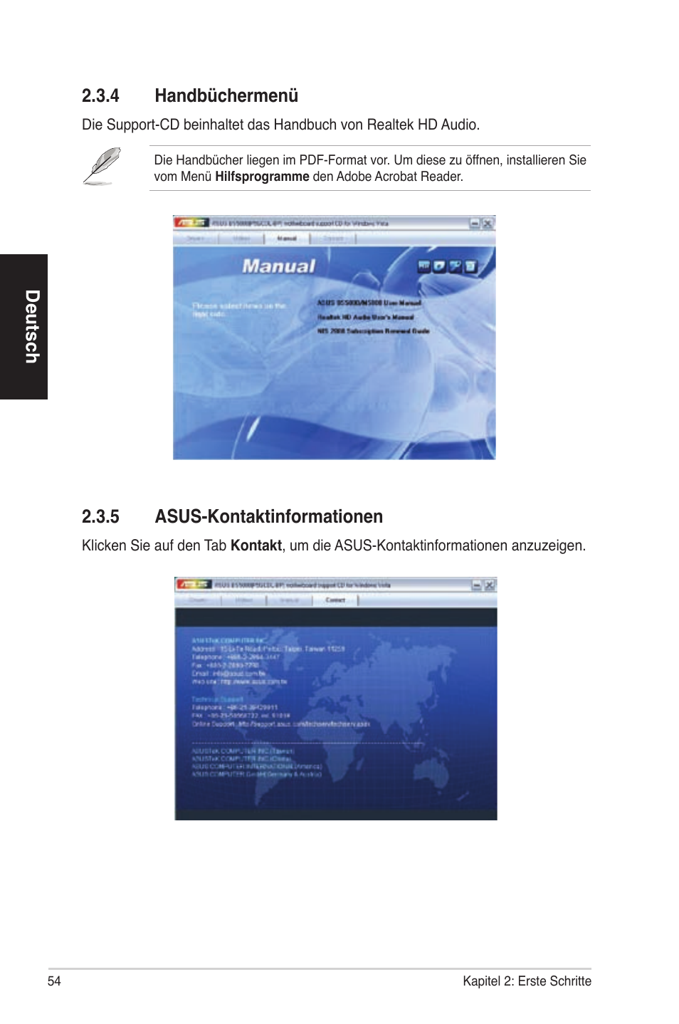 Deutsch 2.3.4 handbüchermenü, 5 asus-kontaktinformationen | Asus BS5000 User Manual | Page 55 / 162