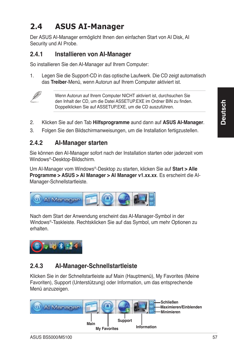 4 asus ai-manager, Deutsch, 1 installieren von ai-manager | 2 ai-manager starten, 3 ai-manager-schnellstartleiste | Asus BS5000 User Manual | Page 58 / 162