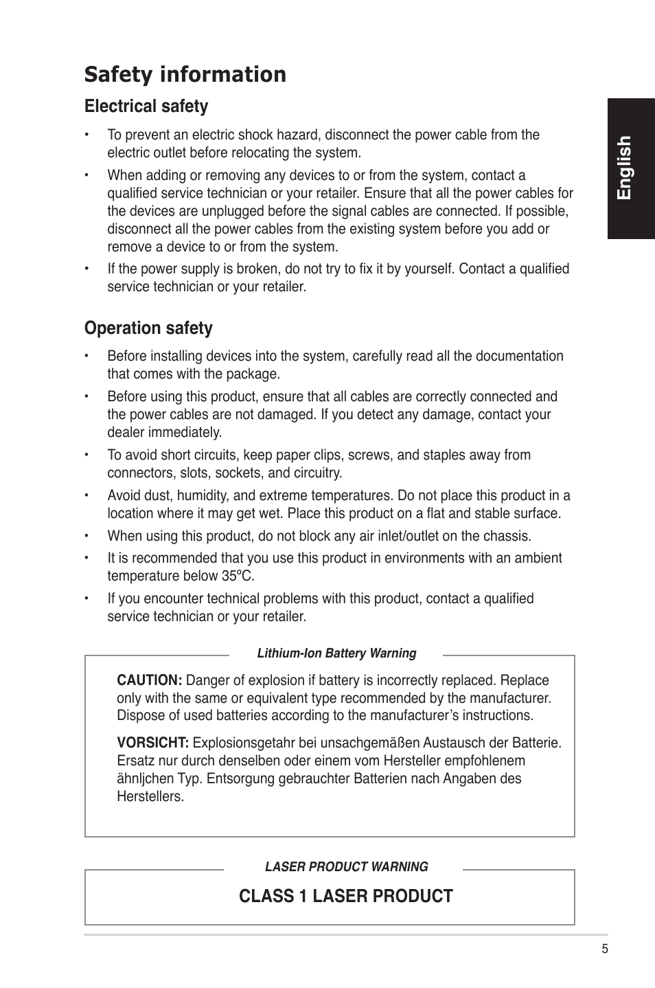 Safety information, English, Electrical safety | Operation safety, Class 1 laser product | Asus BS5000 User Manual | Page 6 / 162