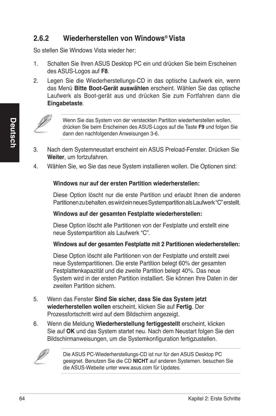 Deutsch, 2 wiederherstellen von windows, Vista | Asus BS5000 User Manual | Page 65 / 162