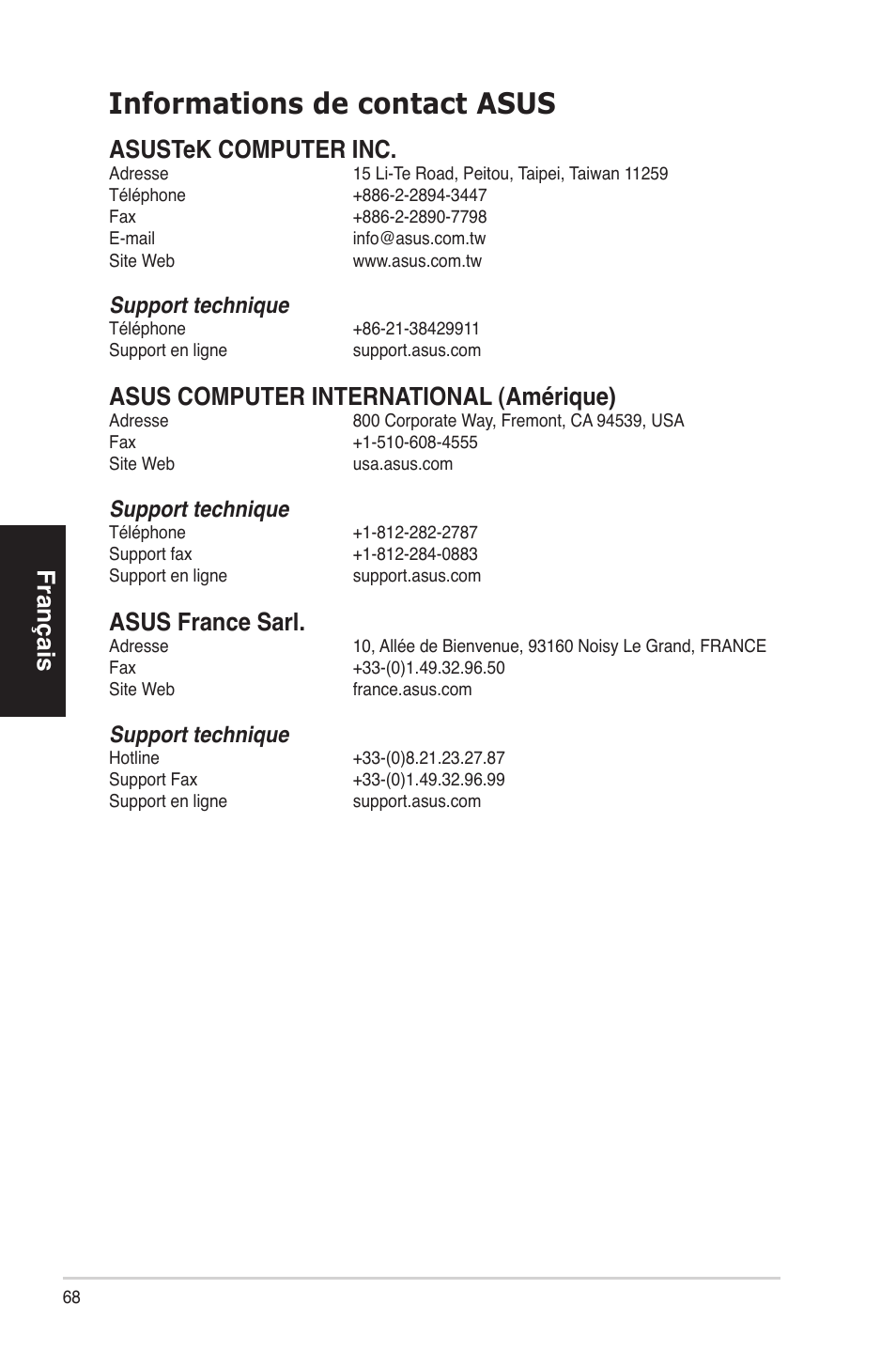 Informations de contact asus, Français, Asustek computer inc | Asus computer international (amérique), Asus france sarl, Support technique | Asus BS5000 User Manual | Page 69 / 162