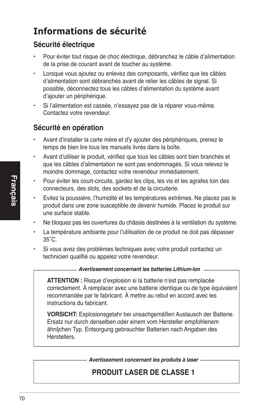 Informations de sécurité, Français, Sécurité électrique | Produit laser de classe 1 sécurité en opération | Asus BS5000 User Manual | Page 71 / 162