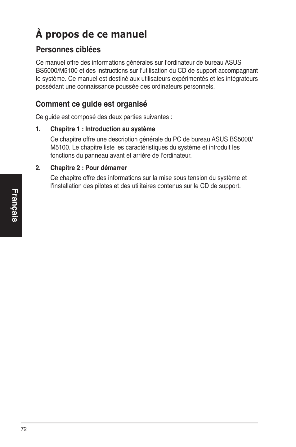 À propos de ce manuel, Français, Comment ce guide est organisé | Personnes ciblées | Asus BS5000 User Manual | Page 73 / 162