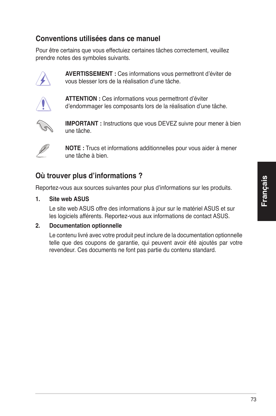 Français conventions utilisées dans ce manuel, Où trouver plus d’informations | Asus BS5000 User Manual | Page 74 / 162