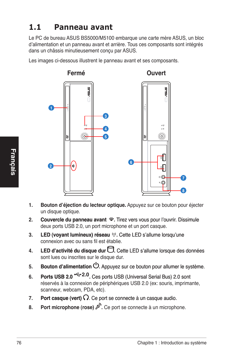 1 panneau avant, Français, Fermé ouvert | Asus BS5000 User Manual | Page 77 / 162