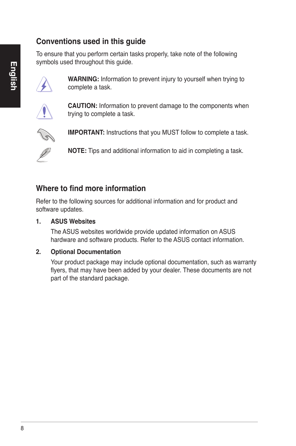 English conventions used in this guide, Where to find more information | Asus BS5000 User Manual | Page 9 / 162